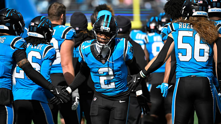 Oct 26, 2025; Charlotte, North Carolina, USA; Carolina Panthers cornerback Mike Jackson (2) runs on to the field before the game at Bank of America Stadium. 