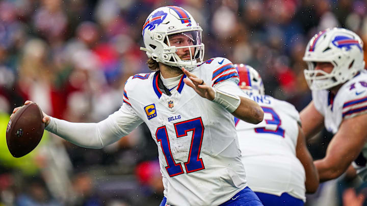 Dec 14, 2025; Foxborough, Massachusetts, USA; Buffalo Bills quarterback Josh Allen (17) passes the ball against the New England Patriots in the second half at Gillette Stadium. Dec 14, 2025; Foxborough, Massachusetts, USA; Buffalo Bills quarterback Josh Allen (17) passes the ball against the New England Patriots in the second half at Gillette Stadium.