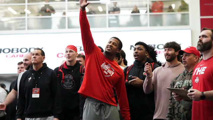 Ohio State Buckeyes linebacker Sonny Styles watches as teammates do the vertical jump test during Pro Day for NFL scouts at the Woody Hayes Athletics Center on March 25, 2026. Ohio State Buckeyes linebacker Sonny Styles watches as teammates do the vertical jump test during Pro Day for NFL scouts at the Woody Hayes Athletics Center on March 25, 2026.