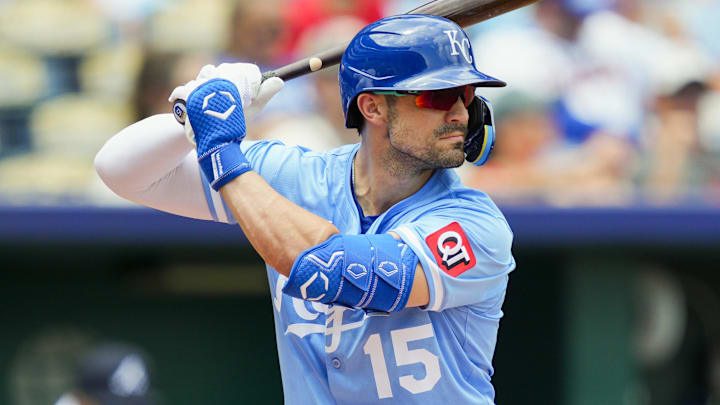 Jul 30, 2025; Kansas City, Missouri, USA; Kansas City Royals right fielder Randal Grichuk (15) bats during the second inning against the Atlanta Braves at Kauffman Stadium. Jul 30, 2025; Kansas City, Missouri, USA; Kansas City Royals right fielder Randal Grichuk (15) bats during the second inning against the Atlanta Braves at Kauffman Stadium.
