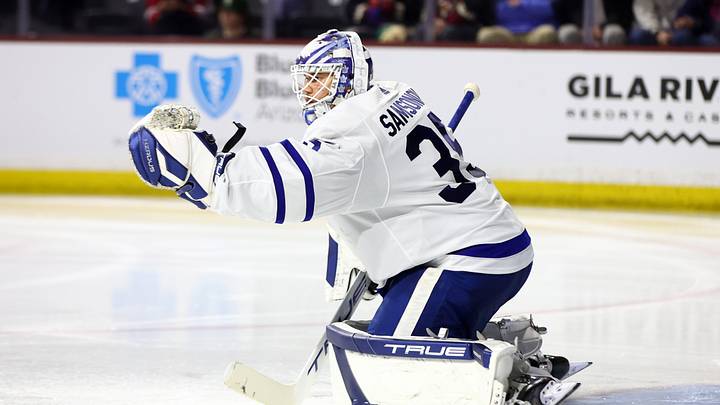 Feb 21, 2024; Tempe, Arizona, USA; Toronto Maple Leafs goalie Ilya Samsonov (35) against the Arizona Coyotes at Mullett Arena. Mandatory Credit: Mark J. Rebilas-USA TODAY Sports