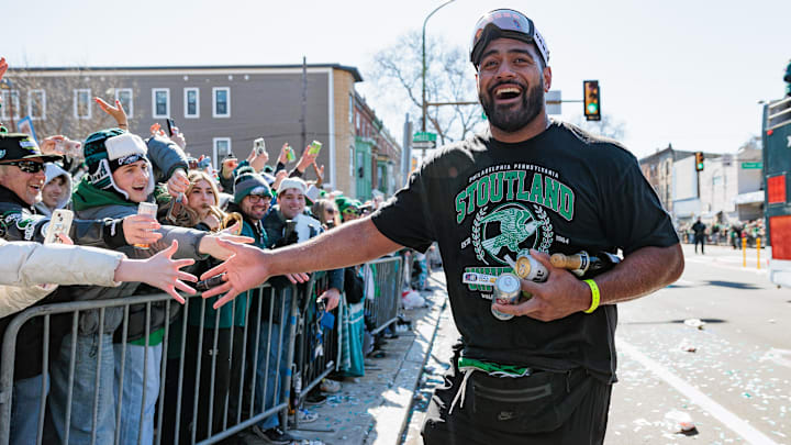 Feb 14, 2025; Philadelphia, PA, USA; Philadelphia Eagles offensive tackle Jordan Mailata (68) celebrates during the Super Bowl LIX championship parade and rally.