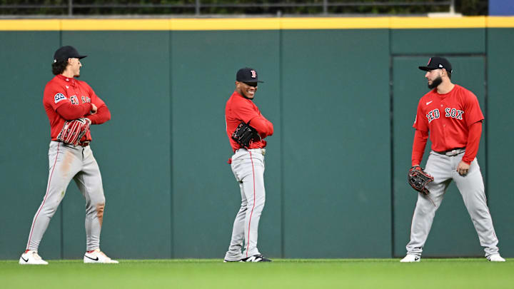 Apr 26, 2025; Cleveland, OH, USA; Boston Red Sox left fielder Jarren Duran (16) and center fielder Ceddanne Rafaela (3) and right fielder Wilyer Abreu (52) celebrate after the Red Sox beat the Cleveland Guardians at Progressive Field. Mandatory Credit: Ken Blaze-Imagn Images Apr 26, 2025; Cleveland, OH, USA; Boston Red Sox left fielder Jarren Duran (16) and center fielder Ceddanne Rafaela (3) and right fielder Wilyer Abreu (52) celebrate after the Red Sox beat the Cleveland Guardians at Progressive Field. Mandatory Credit: Ken Blaze-Imagn Images