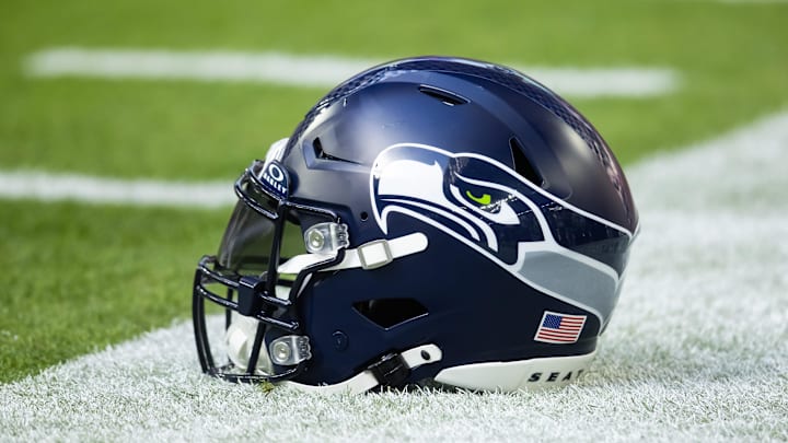 Dec 8, 2024; Glendale, Arizona, USA; Detailed view of a Seattle Seahawks helmet at State Farm Stadium. Mandatory Credit: Mark J. Rebilas-Imagn Images