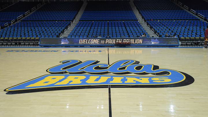 Jan 13, 2016; Los Angeles, CA, USA; General view of the UCLA Bruins logo before an NCAA basketball game against the Southern California Trojans at Pauley Pavilion. Mandatory Credit: Kirby Lee-USA TODAY Sports