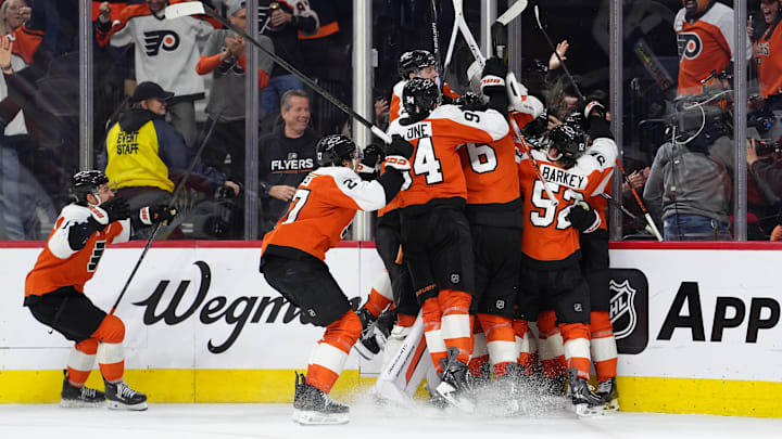 Apr 29, 2026; Philadelphia, Pennsylvania, USA; The Philadelphia Flyers celebrate after game six of the first round of the 2026 Stanley Cup Playoffs against the Pittsburgh Penguins at Xfinity Mobile Arena.