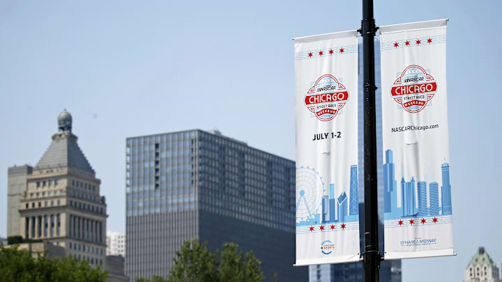 Jun 24, 2023; Chicago, Illinois, USA; A general view of Chicago Street Race banners along the course before the Chicago Street Race. Mandatory Credit: Jon Durr-Imagn Images