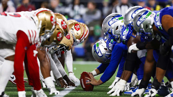 Oct 10, 2024; Seattle, Washington, USA; Seattle Seahawks special teams players line up for an extra point attempt against the San Francisco 49ers during the fourth quarter at Lumen Field. Mandatory Credit: Joe Nicholson-Imagn Images