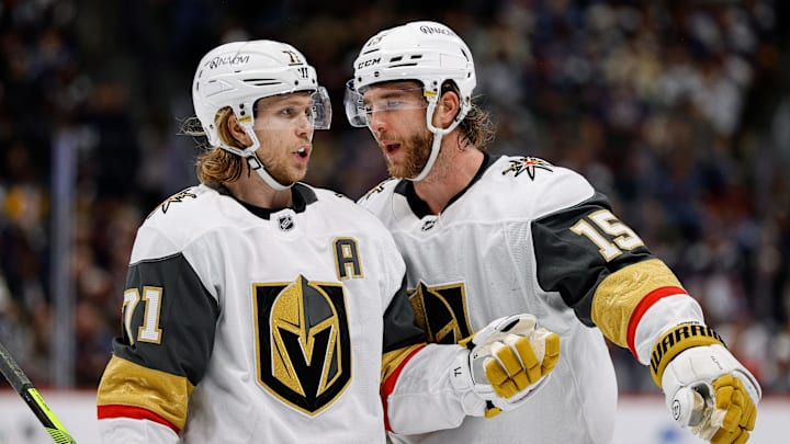 Nov 27, 2024; Denver, Colorado, USA; Vegas Golden Knights center William Karlsson (71) and defenseman Noah Hanifin (15) in the third period against the Colorado Avalanche at Ball Arena. Mandatory Credit: Isaiah J. Downing-Imagn Images