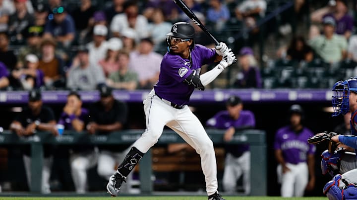 Jun 17, 2024; Denver, Colorado, USA; Colorado Rockies pinch hitter Greg Jones (2) at bat in the ninth inning against the Los Angeles Dodgers at Coors Field. Mandatory Credit: Isaiah J. Downing-Imagn Images Jun 17, 2024; Denver, Colorado, USA; Colorado Rockies pinch hitter Greg Jones (2) at bat in the ninth inning against the Los Angeles Dodgers at Coors Field. Mandatory Credit: Isaiah J. Downing-Imagn Images