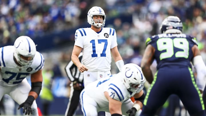Dec 14, 2025; Seattle, Washington, USA; Indianapolis Colts quarterback Philip Rivers (17) stands in a shotgun formation before a snap against the Seattle Seahawks during the second quarter at Lumen Field. Dec 14, 2025; Seattle, Washington, USA; Indianapolis Colts quarterback Philip Rivers (17) stands in a shotgun formation before a snap against the Seattle Seahawks during the second quarter at Lumen Field.
