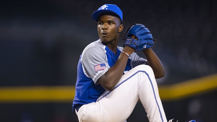 Aug 28, 2022; Phoenix, Arizona, US; East pitcher Cam Johnson (17) during the Perfect Game All-American Classic high school baseball game at Chase Field. Mandatory Credit: Mark J. Rebilas-Imagn Images Aug 28, 2022; Phoenix, Arizona, US; East pitcher Cam Johnson (17) during the Perfect Game All-American Classic high school baseball game at Chase Field. Mandatory Credit: Mark J. Rebilas-Imagn Images