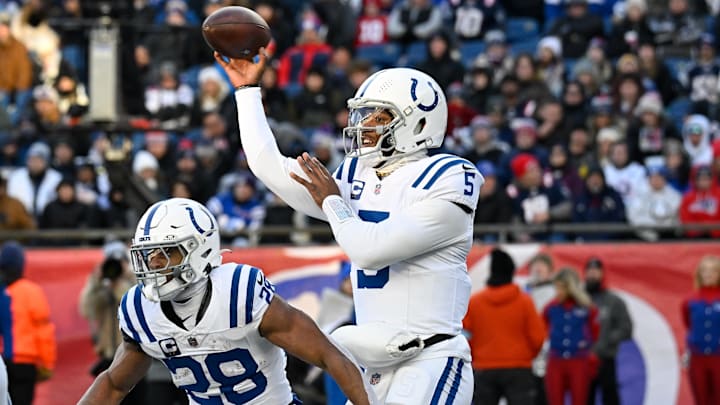Dec 1, 2024; Foxborough, Massachusetts, USA; Indianapolis Colts quarterback Anthony Richardson (5) throws a pass against the New England Patriots during the second half at Gillette Stadium. Mandatory Credit: Eric Canha-Imagn Images Dec 1, 2024; Foxborough, Massachusetts, USA; Indianapolis Colts quarterback Anthony Richardson (5) throws a pass against the New England Patriots during the second half at Gillette Stadium. Mandatory Credit: Eric Canha-Imagn Images