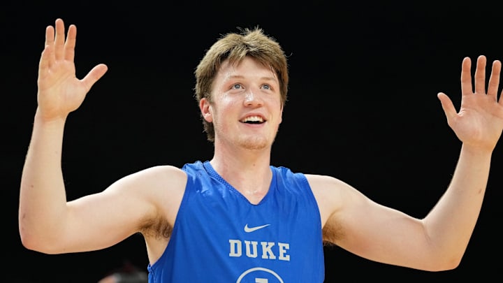 Apr 4, 2025; San Antonio, TX, USA; Duke Blue Devils guard Kon Knueppel (7) during a practice session for the Final Four of the 2025 NCAA tournament at Alamodome. Mandatory Credit: Bob Donnan-Imagn Images Apr 4, 2025; San Antonio, TX, USA; Duke Blue Devils guard Kon Knueppel (7) during a practice session for the Final Four of the 2025 NCAA tournament at Alamodome. Mandatory Credit: Bob Donnan-Imagn Images