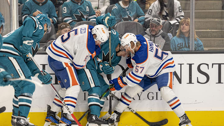 Nov 9, 2023; San Jose, California, USA; Edmonton Oilers defenseman Cody Ceci (5) and Edmonton Oilers