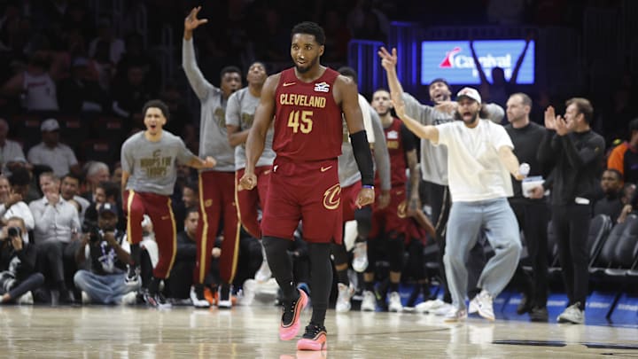 Nov 10, 2025; Miami, Florida, USA; Cleveland Cavaliers guard Donovan Mitchell (45) and the Cavaliers bench react against the Miami Heat during the second half at Kaseya Center. Mandatory Credit: Rhona Wise-Imagn Images Nov 10, 2025; Miami, Florida, USA; Cleveland Cavaliers guard Donovan Mitchell (45) and the Cavaliers bench react against the Miami Heat during the second half at Kaseya Center. Mandatory Credit: Rhona Wise-Imagn Images
