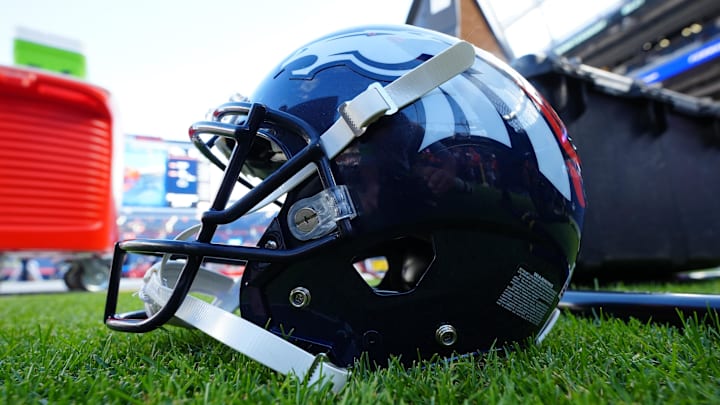 Aug 26, 2023; Denver, Colorado, USA; Detailed view of the helmet of Denver Broncos place kicker Brett Maher (not pictured) before the preseason game against the Los Angeles Rams at Empower Field at Mile High. Mandatory Credit: Ron Chenoy-Imagn Images