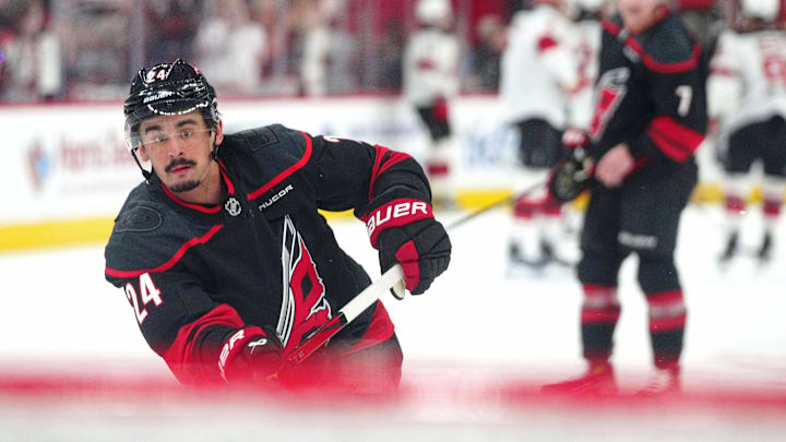 Apr 20, 2025; Raleigh, North Carolina, USA; Carolina Hurricanes center Seth Jarvis (24) warms up before game one of the first round of the 2025 Stanley Cup Playoffs at Lenovo Center. Mandatory Credit: James Guillory-Imagn Images