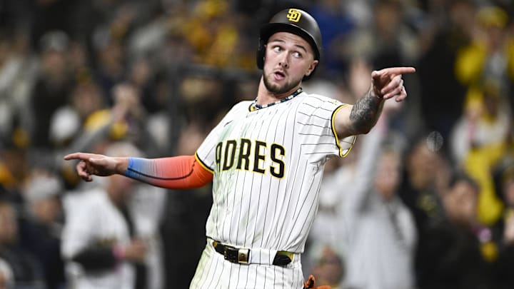 May 12, 2025; San Diego, California, USA; San Diego Padres center fielder Jackson Merrill (3) celebrates after scoring during the eighth inning against the Los Angeles Angels at Petco Park. Mandatory Credit: Denis Poroy-Imagn Images May 12, 2025; San Diego, California, USA; San Diego Padres center fielder Jackson Merrill (3) celebrates after scoring during the eighth inning against the Los Angeles Angels at Petco Park. Mandatory Credit: Denis Poroy-Imagn Images