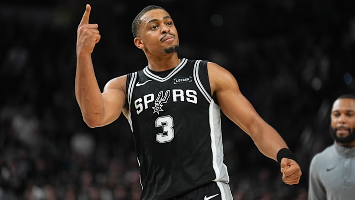 Nov 18, 2025; San Antonio, Texas, USA; San Antonio Spurs forward Keldon Johnson (3) celebrates in the second half against the Memphis Grizzlies at Frost Bank Center. Mandatory Credit: Daniel Dunn-Imagn Images Nov 18, 2025; San Antonio, Texas, USA; San Antonio Spurs forward Keldon Johnson (3) celebrates in the second half against the Memphis Grizzlies at Frost Bank Center. Mandatory Credit: Daniel Dunn-Imagn Images
