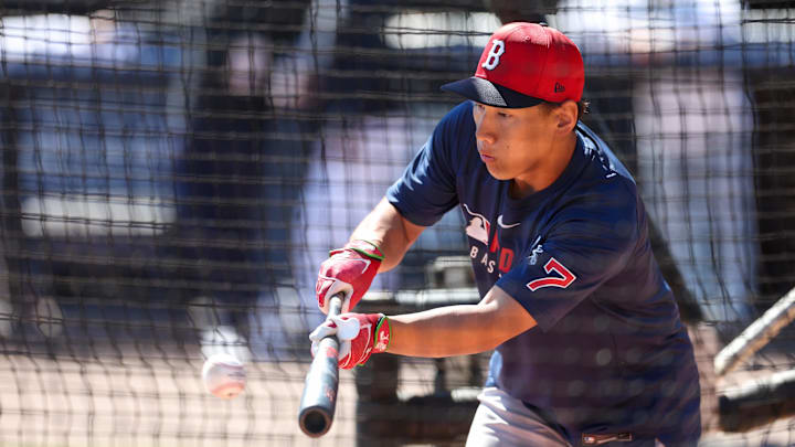 Mar 18, 2025; Tampa, Florida, USA; Boston Red Sox outfielder Masataka Yoshida (7) takes batting practice before a spring training game against the New York Yankees at George M. Steinbrenner Field. Mandatory Credit: Nathan Ray Seebeck-Imagn Images Mar 18, 2025; Tampa, Florida, USA; Boston Red Sox outfielder Masataka Yoshida (7) takes batting practice before a spring training game against the New York Yankees at George M. Steinbrenner Field. Mandatory Credit: Nathan Ray Seebeck-Imagn Images