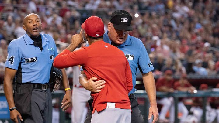 Aug 21, 2022; Phoenix, Arizona, USA; St. Louis Cardinals manager Oliver Marmol (37) argues with umpire C.B. Bucknor (54) after getting ejected during the fourth inning against the Arizona Diamondbacks at Chase Field. Mandatory Credit: Allan Henry-USA TODAY Sports Aug 21, 2022; Phoenix, Arizona, USA; St. Louis Cardinals manager Oliver Marmol (37) argues with umpire C.B. Bucknor (54) after getting ejected during the fourth inning against the Arizona Diamondbacks at Chase Field. Mandatory Credit: Allan Henry-USA TODAY Sports