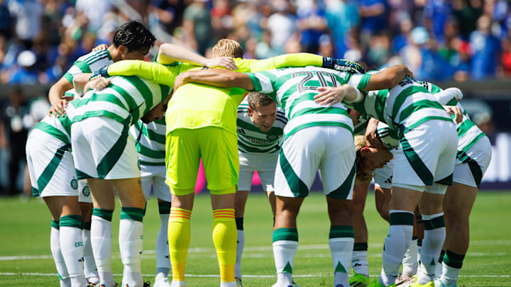 Celtic FC huddles up before a friendly match against Chelsea FC at Notre Dame Stadium on Saturday, July 27, 2024, in South Bend.