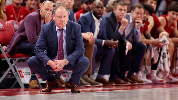 Feb 17, 2026; Columbus, Ohio, USA;  Wisconsin Badgers head coach Greg Gard watches his team during the second half against the Ohio State Buckeyes at Value City Arena. Mandatory Credit: Joseph Maiorana-Imagn Images