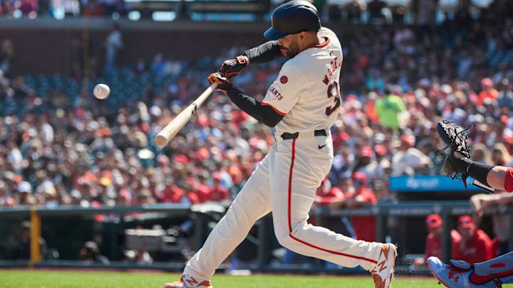 San Francisco Giants infielder LaMonte Wade Jr. hits an RBI single against the St. Louis Cardinals at Oracle Park.