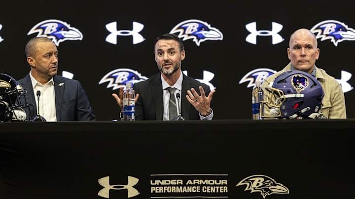 Jan 29, 2026; Owings Mills, MD, USA; Sashi Brown, Jesse Minter, and Eric DeCosta speak at an introductory press conference at Under Armour Performance Center. Mandatory Credit: Lexi Thompson-Imagn Images