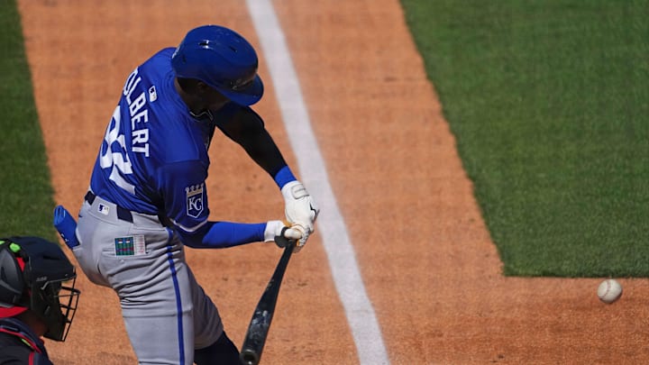 Mar 2, 2024; Goodyear, Arizona, USA; Kansas City Royals shortstop Tyler Tolbert (92) bats against the Cleveland Guardians during the second inning at Goodyear Ballpark. Mandatory Credit: Joe Camporeale-Imagn Images