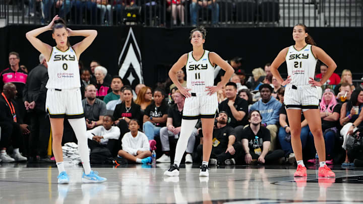 Sep 9, 2025; Las Vegas, Nevada, USA; Chicago Sky guard Sevgi Uzun (0), guard Kia Nurse (11), and forward Maddy Westbeld (21) await an inbound by the Las Vegas Aces during the first quarter at T-Mobile Arena. Mandatory Credit: Stephen R. Sylvanie-Imagn Images Sep 9, 2025; Las Vegas, Nevada, USA; Chicago Sky guard Sevgi Uzun (0), guard Kia Nurse (11), and forward Maddy Westbeld (21) await an inbound by the Las Vegas Aces during the first quarter at T-Mobile Arena. Mandatory Credit: Stephen R. Sylvanie-Imagn Images