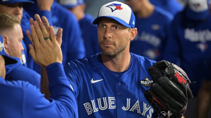 Oct 27, 2025; Los Angeles, California, USA; Toronto Blue Jays pitcher Max Scherzer (31) reacts in the dugout after being relieved in the fifth inning against the Los Angeles Dodgers during game three of the 2025 MLB World Series at Dodger Stadium. Mandatory Credit: Jayne Kamin-Oncea-Imagn Images