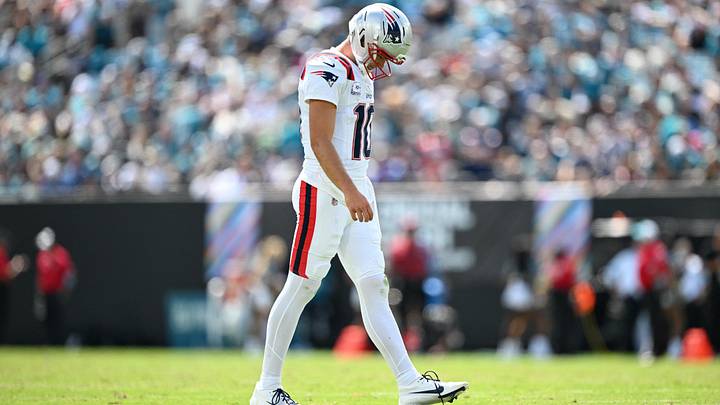 Sep 27, 2026; Jacksonville, Florida, USA;  New England Patriots quarterback Drake Maye (10) walks on the field during the second quarter against the Jacksonville Jaguars at EverBank Stadium.  Mandatory Credit: Melina Myers-Imagn Images