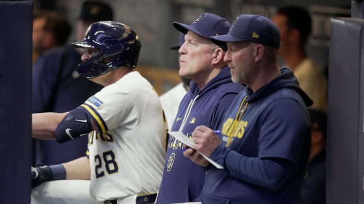 Milwaukee Brewers' Pat Murphy, center, is shown during the first inning of their game against the San Diego Padres Wednesday, May 13, 2026 at American Family Field in Milwaukee, Wisconsin. Milwaukee Brewers' Pat Murphy, center, is shown during the first inning of their game against the San Diego Padres Wednesday, May 13, 2026 at American Family Field in Milwaukee, Wisconsin.