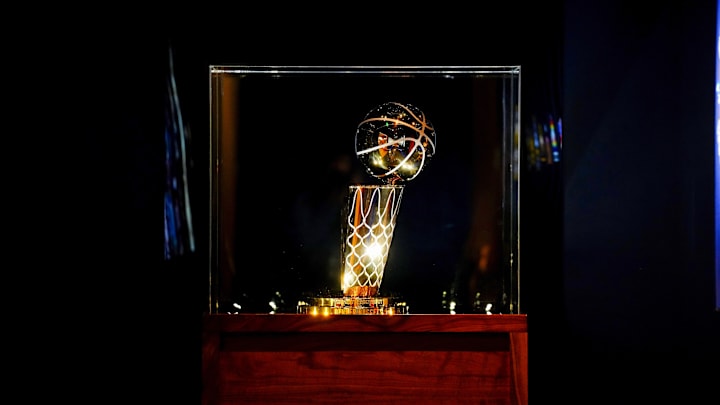 Oct 30, 2023; Denver, Colorado, USA; General view of the Denver Nuggets 2023 Larry O'Brien championship trophy before the game against the Utah Jazz at Ball Arena. Mandatory Credit: Ron Chenoy-Imagn Images