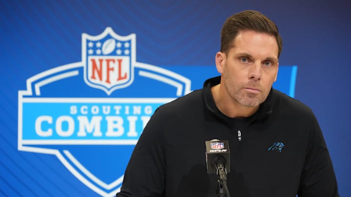 Feb 25, 2025; Indianapolis, IN, USA; Carolina Panthers general manager Dan Morgan speaks during the NFL Scouting Combine at the Indiana Convention Center. Mandatory Credit: Kirby Lee-Imagn Images