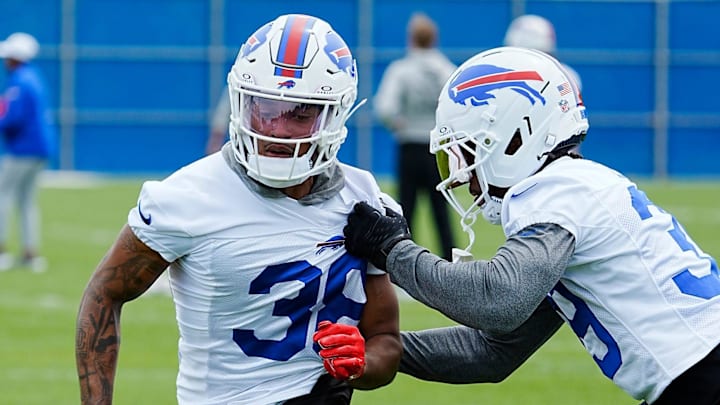Buffalo Bills Daryl Porter Jr. runs past Cam Lewis during a drill at their practice facility on May 27, 2025. Buffalo Bills Daryl Porter Jr. runs past Cam Lewis during a drill at their practice facility on May 27, 2025.