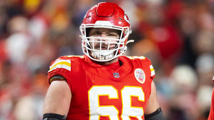 Kansas City Chiefs guard Mike Caliendo (66) against the Buffalo Bills in the AFC Championship game at GEHA Field at Arrowhead Stadium.