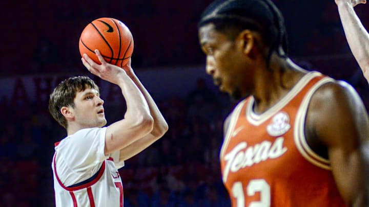 Oklahoma center Kirill Elatontsev shoots against Texas.