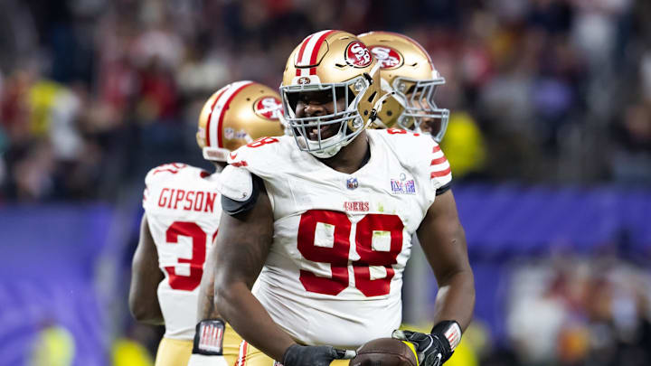 Feb 11, 2024; Paradise, Nevada, USA; San Francisco 49ers defensive tackle Javon Hargrave (98) celebrates a fumble recovery against the Kansas City Chiefs in Super Bowl LVIII at Allegiant Stadium. Mandatory Credit: Mark J. Rebilas-Imagn Images