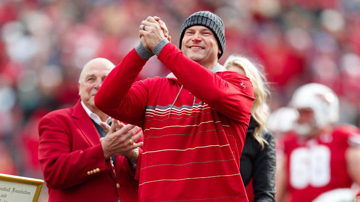 Oct 12, 2019; Madison, WI, USA; Wisconsin Badgers former lineman Joe Thomas acknowledges the crowd during the game against the Michigan State Spartans at Camp Randall Stadium. Oct 12, 2019; Madison, WI, USA; Wisconsin Badgers former lineman Joe Thomas acknowledges the crowd during the game against the Michigan State Spartans at Camp Randall Stadium.