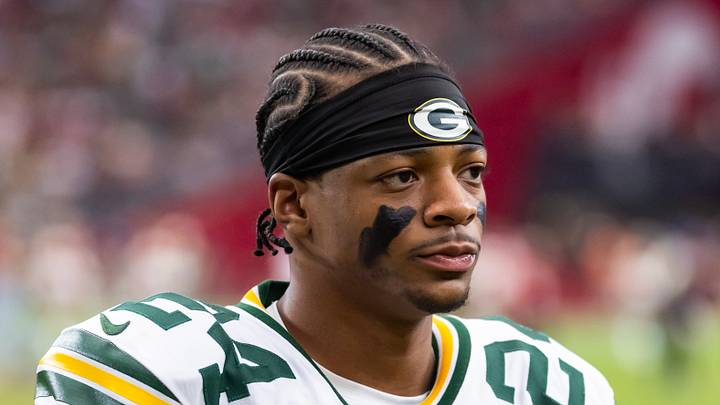 Green Bay Packers cornerback Carrington Valentine (24) looks on