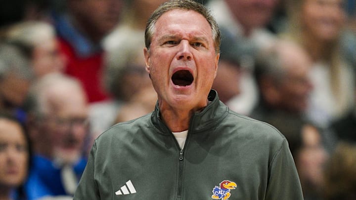 Oct 28, 2025; Lawrence, KS, USA; Kansas Jayhawks head coach Bill Self reacts during the first half against the Fort Hays State Tigers at Allen Fieldhouse. Mandatory Credit: Jay Biggerstaff-Imagn Images