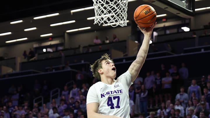 Kansas State guard Andrej Kostic makes a layup during the first half against Tulsa at Bramlage Coliseum. 