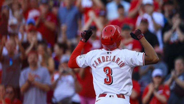 Jun 12, 2024; Cincinnati, Ohio, USA; Cincinnati Reds third baseman Jeimer Candelario (3) reacts after hitting a solo home run in the first inning against the Cleveland Guardians at Great American Ball Park. Mandatory Credit: Katie Stratman-USA TODAY Sports