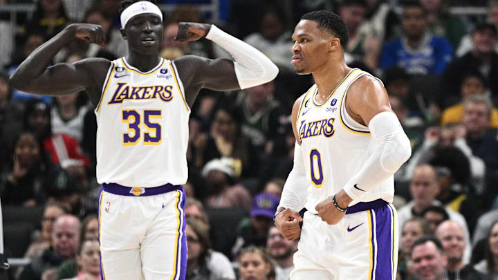 Los Angeles Lakers guard Russell Westbrook (0) flexes.