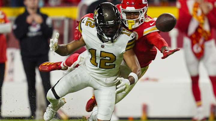 Oct 7, 2024; Kansas City, Missouri, USA; Kansas City Chiefs safety Bryan Cook (6) breaks up a pass intended for New Orleans Saints wide receiver Chris Olave (12) during the second half at GEHA Field at Arrowhead Stadium. Mandatory Credit: Jay Biggerstaff-Imagn Images Oct 7, 2024; Kansas City, Missouri, USA; Kansas City Chiefs safety Bryan Cook (6) breaks up a pass intended for New Orleans Saints wide receiver Chris Olave (12) during the second half at GEHA Field at Arrowhead Stadium. Mandatory Credit: Jay Biggerstaff-Imagn Images