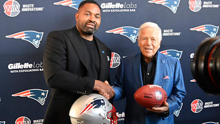 Jan 17, 2024; Foxborough, MA, USA; New England Patriots head coach Jerod Mayo (L) and owner Robert
