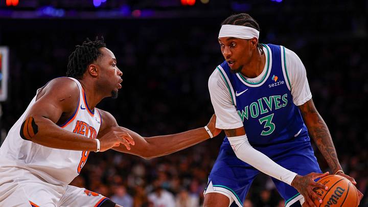 Oct 12, 2026; New York, New York, USA; Minnesota Timberwolves small forward Jaden McDaniels (3) is guarded by New York Knicks small forward O.G. Anunoby (8) during the first half at Madison Square Garden. Mandatory Credit: Vincent Carchietta-Imagn Images Oct 12, 2026; New York, New York, USA; Minnesota Timberwolves small forward Jaden McDaniels (3) is guarded by New York Knicks small forward O.G. Anunoby (8) during the first half at Madison Square Garden. Mandatory Credit: Vincent Carchietta-Imagn Images